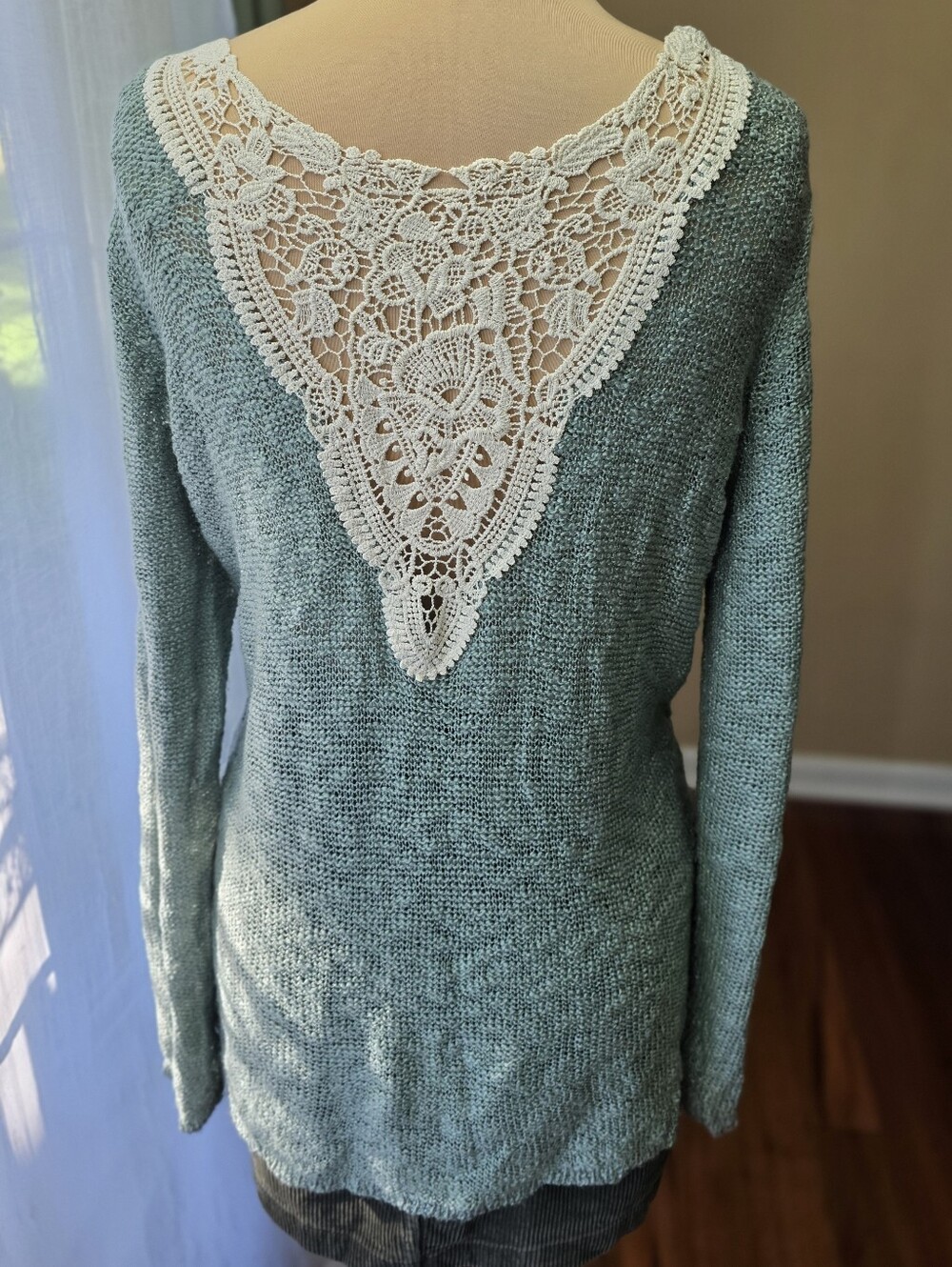 Sage Green Slub Knit Sweater XL Cotton Blend Crochet Lace Back Relaxed Boho